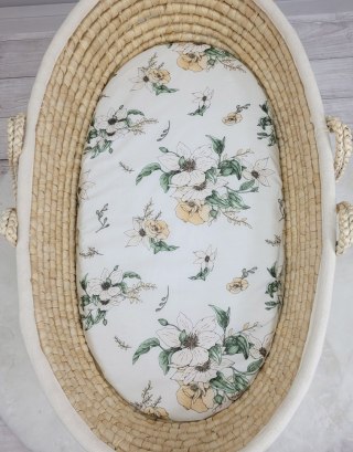 Prześcieradło bawełniane do wózka gondoli kosza Mojżesza Boho 75x35 cm - Clematis on beige