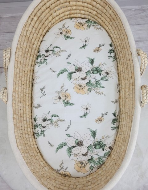 Prześcieradło bawełniane do wózka gondoli kosza Mojżesza Boho 75x35 cm - Clematis on beige