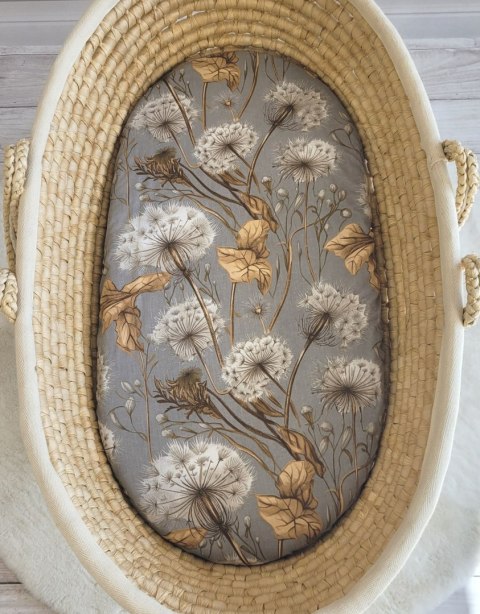 Prześcieradło bawełniane do wózka gondoli kosza Mojżesza Boho 75x35 cm - Dmuchawce na szarości