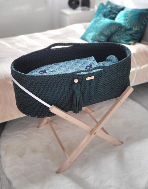 Kosz Mojżesza BOHO bawełniany Handmade z materacykiem - butelkowa zieleń