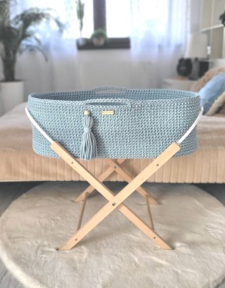 Kosz Mojżesza BOHO bawełniany Handmade z materacykiem - misty blue