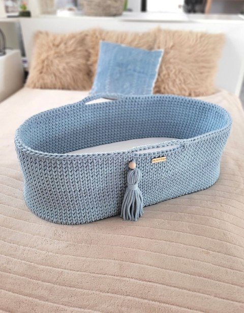 Kosz Mojżesza BOHO bawełniany Handmade z materacykiem - misty blue
